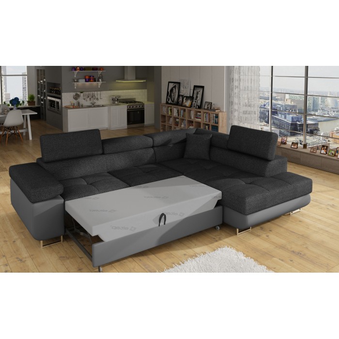 Canapé d’angle convertible MENTON gris foncé et gris – Angle droit avec coffre