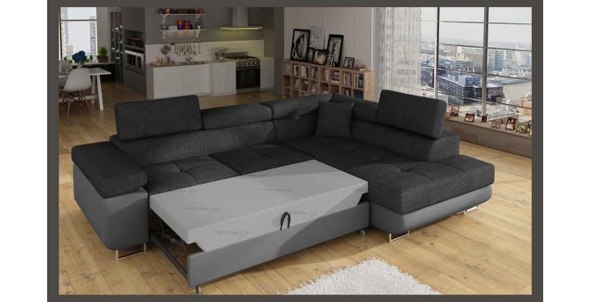 Canapé d’angle convertible MENTON gris foncé et gris – Angle droit avec coffre