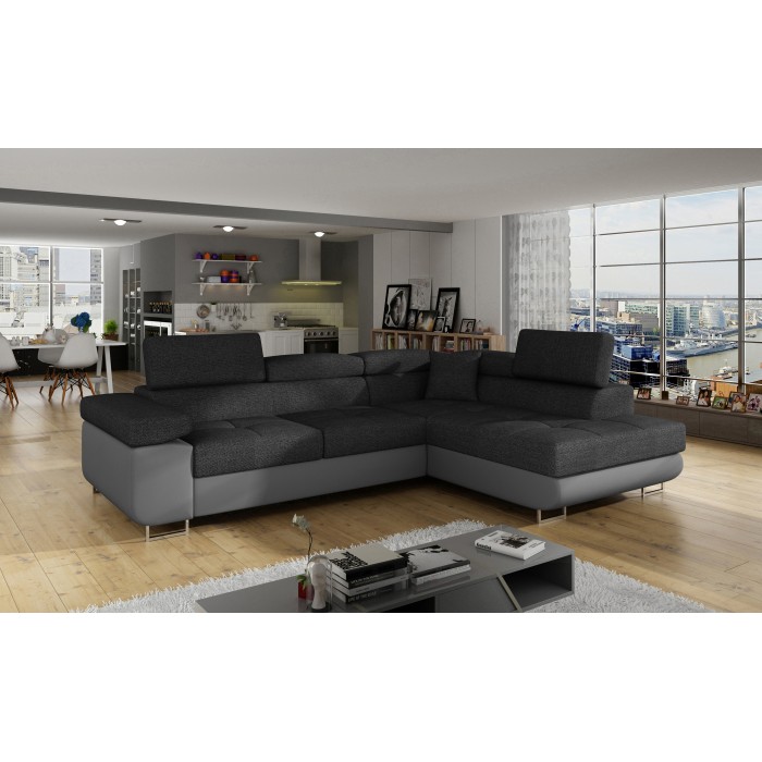 Canapé d’angle convertible MENTON gris foncé et gris – Angle droit avec coffre