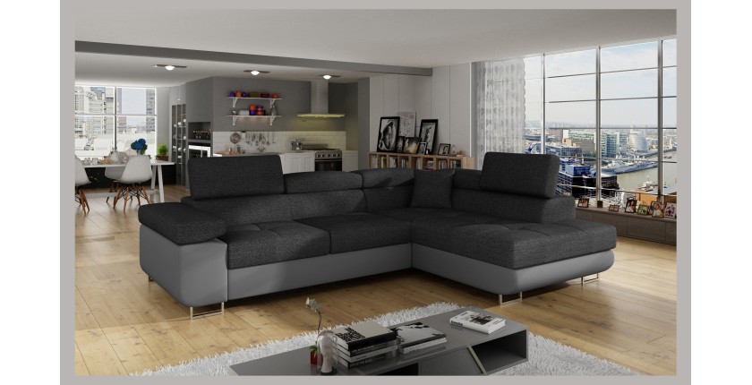 Canapé d’angle convertible MENTON gris foncé et gris – Angle droit avec coffre