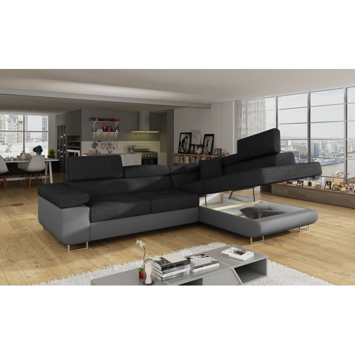 Canapé d’angle convertible MENTON gris foncé et gris – Angle droit avec coffre