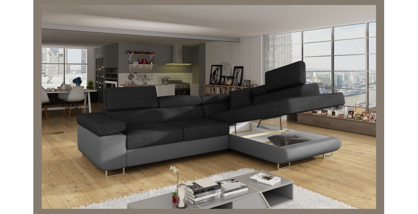 Canapé d’angle convertible MENTON gris foncé et gris – Angle droit avec coffre