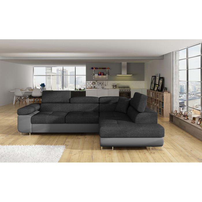 Canapé d’angle convertible MENTON gris foncé et gris – Angle droit avec coffre