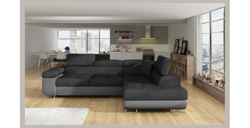 Canapé d’angle convertible MENTON gris foncé et gris – Angle droit avec coffre