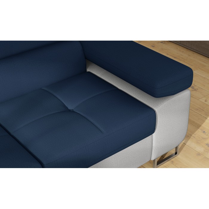 Canapé d’angle convertible MENTON bleu océan et blanc bouclette – Angle gauche avec coffre