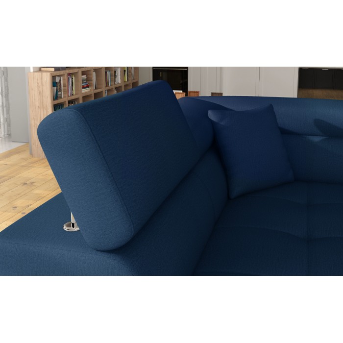 Canapé d’angle convertible MENTON bleu océan et blanc bouclette – Angle gauche avec coffre