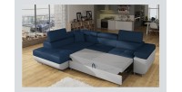 Canapé d’angle convertible MENTON bleu océan et blanc bouclette – Angle gauche avec coffre