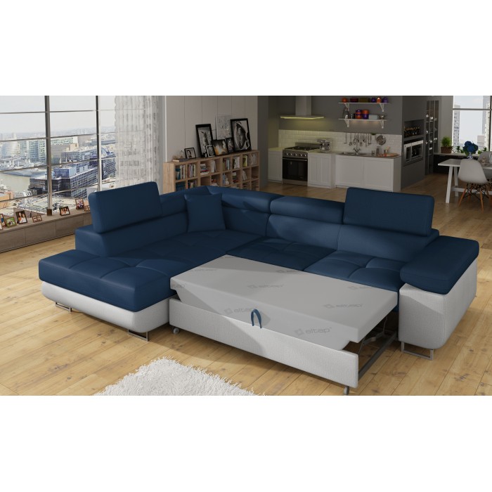 Canapé d’angle convertible MENTON bleu océan et blanc bouclette – Angle gauche avec coffre