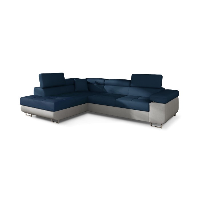 Canapé d’angle convertible MENTON bleu océan et blanc bouclette – Angle gauche avec coffre