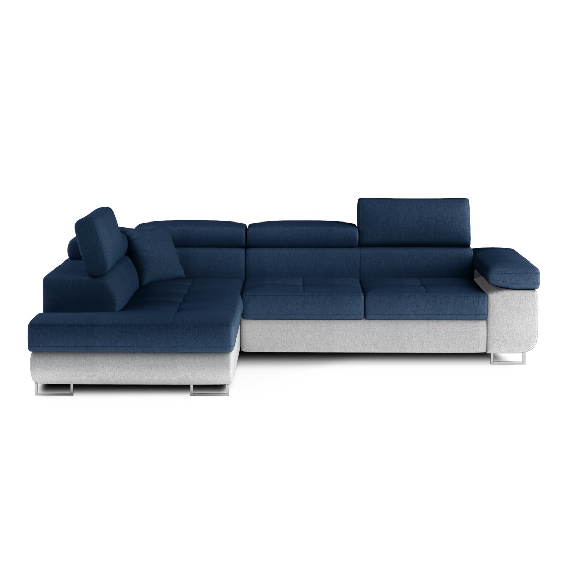 Canapé d’angle convertible MENTON bleu océan et blanc bouclette – Angle gauche avec coffre