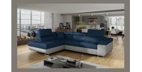 Canapé d’angle convertible MENTON bleu océan et blanc bouclette – Angle gauche avec coffre