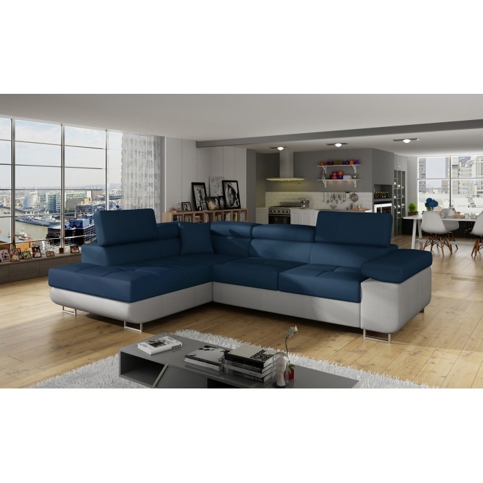 Canapé d’angle convertible MENTON bleu océan et blanc bouclette – Angle gauche avec coffre