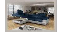 Canapé d’angle convertible MENTON bleu océan et blanc bouclette – Angle gauche avec coffre