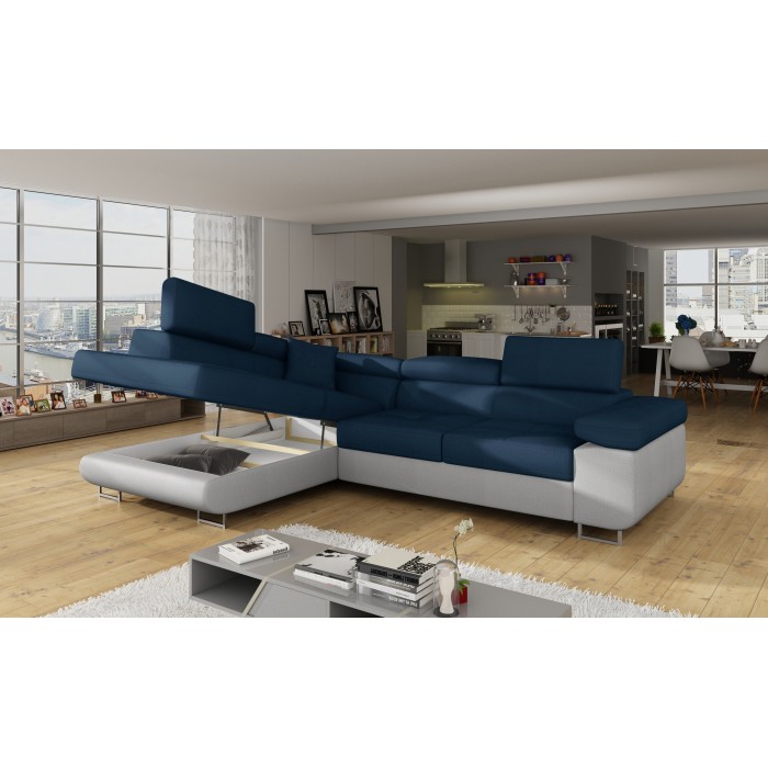 Canapé d’angle convertible MENTON bleu océan et blanc bouclette – Angle gauche avec coffre