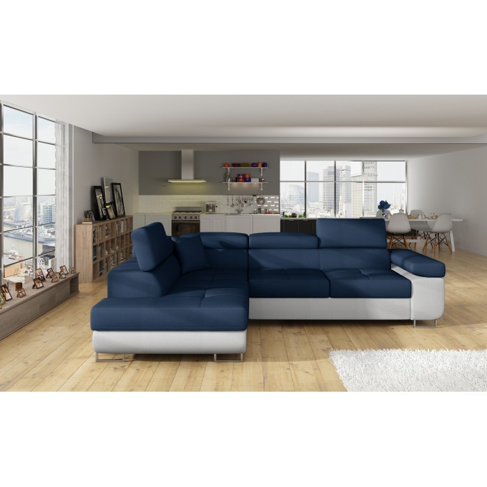 Canapé d’angle convertible MENTON bleu océan et blanc bouclette – Angle gauche avec coffre