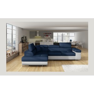 Canapé d’angle convertible MENTON bleu océan et blanc bouclette – Angle gauche avec coffre