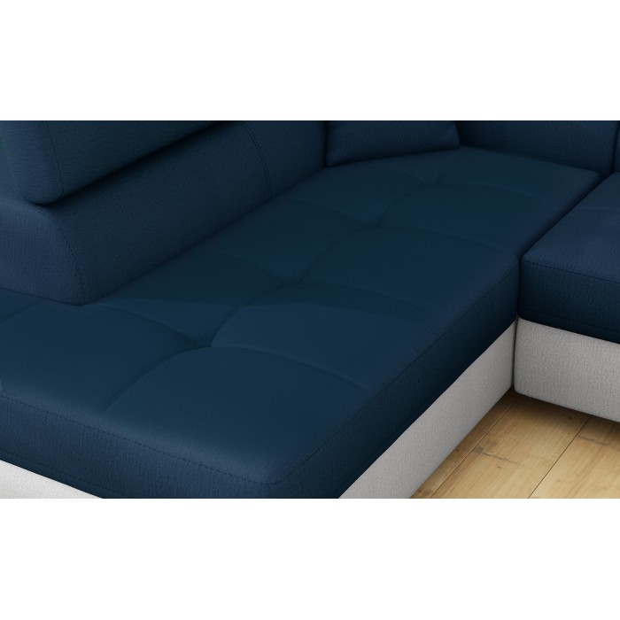 Canapé d’angle convertible MENTON bleu océan et blanc bouclette – Angle gauche avec coffre