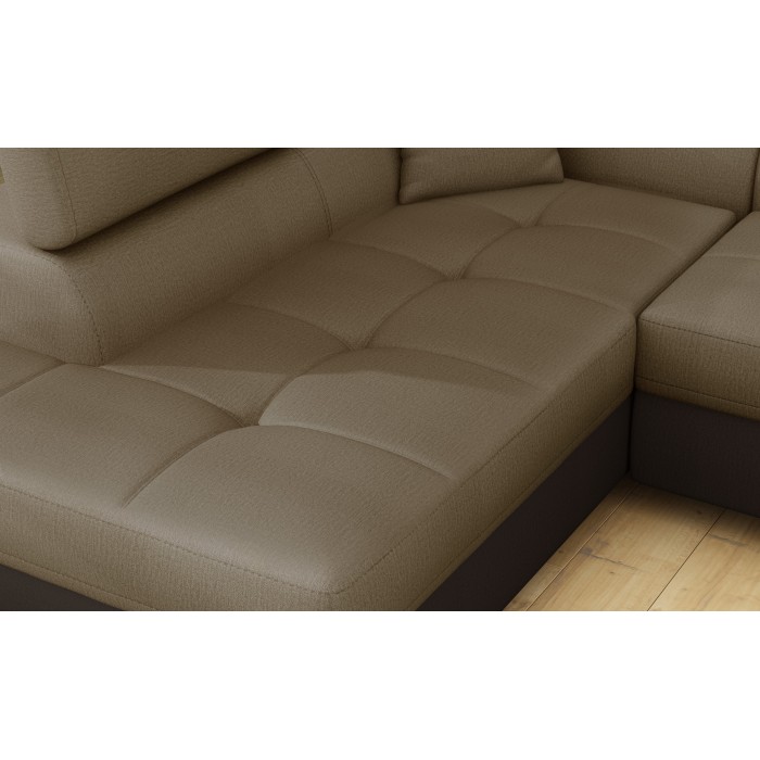 Canapé d’angle convertible MENTON beige et marron bouclette – Angle gauche avec coffre