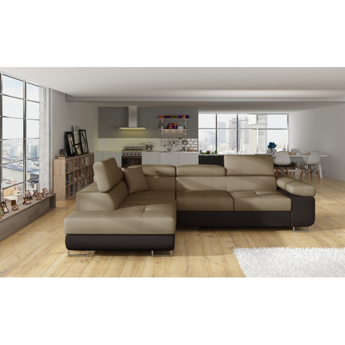 Canapé d’angle convertible MENTON beige et marron bouclette – Angle gauche avec coffre