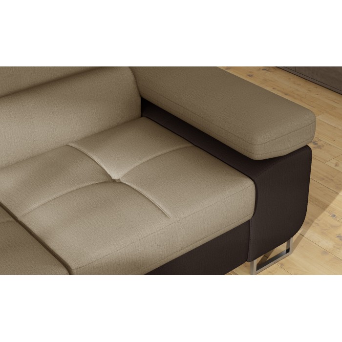Canapé d’angle convertible MENTON beige et marron bouclette – Angle gauche avec coffre