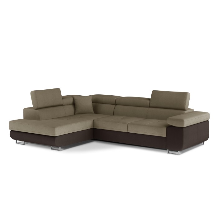 Canapé d’angle convertible MENTON beige et marron bouclette – Angle gauche avec coffre