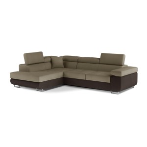 Canapé d’angle convertible MENTON beige et marron bouclette – Angle gauche avec coffre