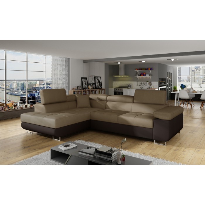 Canapé d’angle convertible MENTON beige et marron bouclette – Angle gauche avec coffre