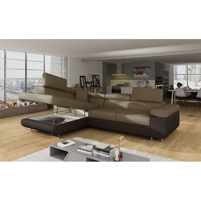 Canapé d’angle convertible MENTON beige et marron bouclette – Angle gauche avec coffre