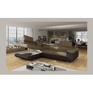 Canapé d’angle convertible MENTON beige et marron bouclette – Angle gauche avec coffre