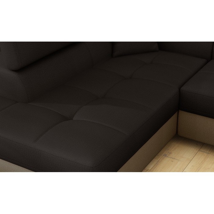 Canapé d’angle convertible MENTON beige et marron bouclette – Angle gauche avec coffre