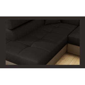 Canapé d’angle convertible MENTON beige et marron bouclette – Angle gauche avec coffre