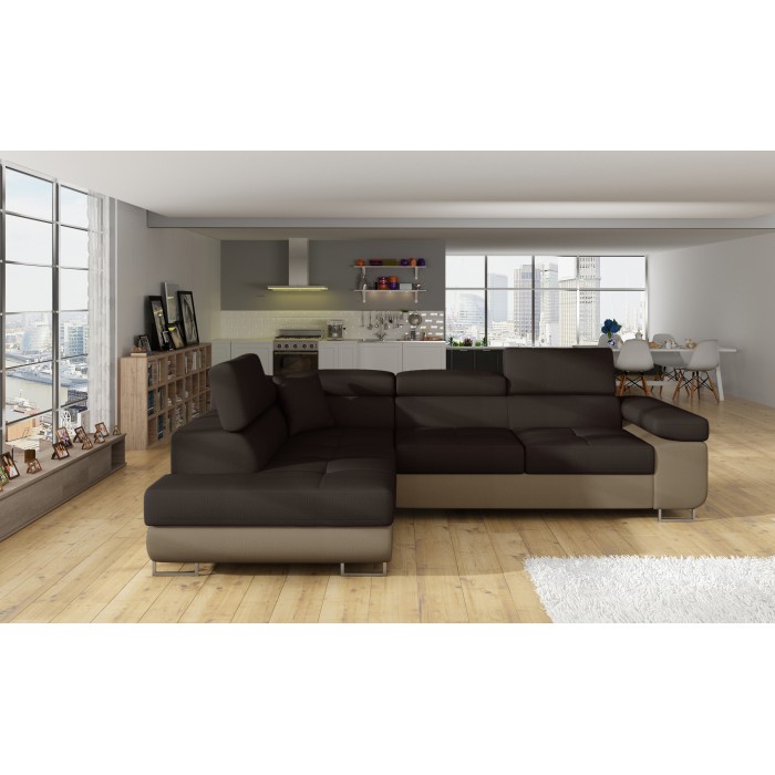 Canapé d’angle convertible MENTON beige et marron bouclette – Angle gauche avec coffre