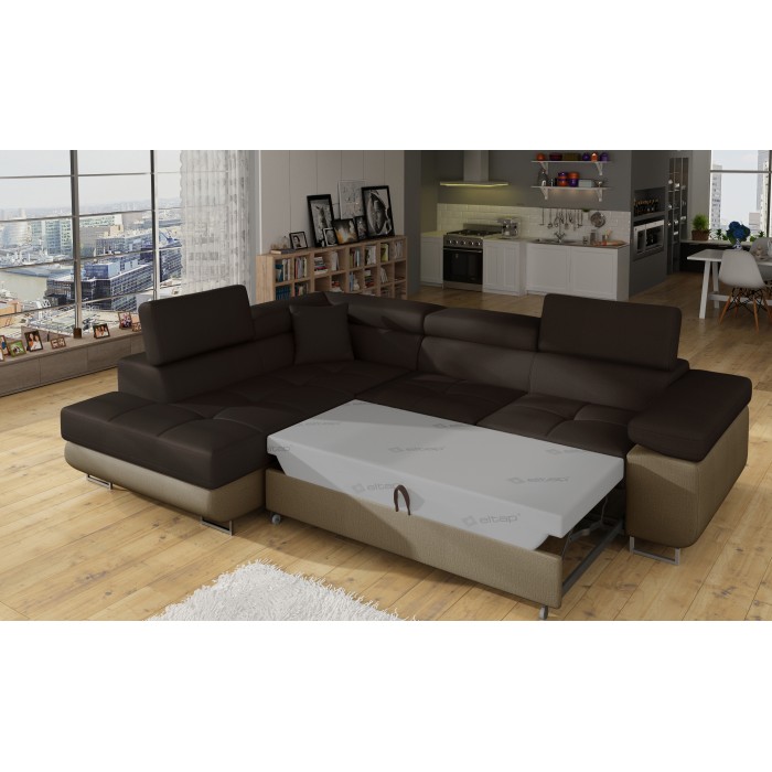 Canapé d’angle convertible MENTON beige et marron bouclette – Angle gauche avec coffre