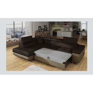 Canapé d’angle convertible MENTON beige et marron bouclette – Angle gauche avec coffre
