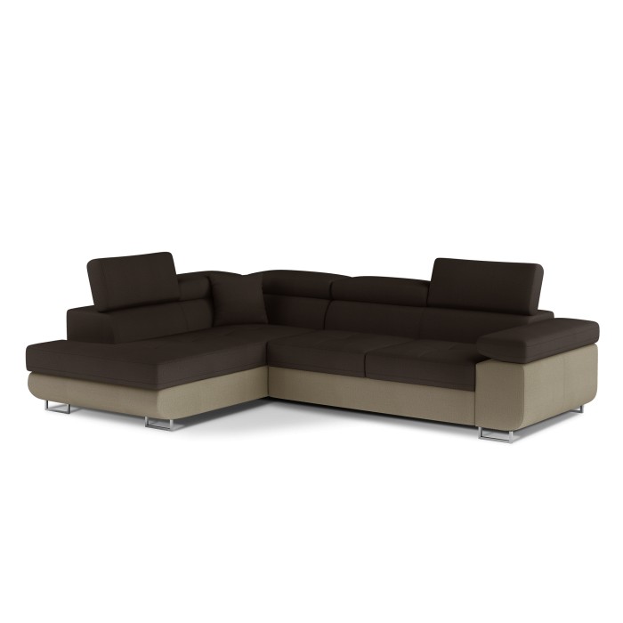 Canapé d’angle convertible MENTON beige et marron bouclette – Angle gauche avec coffre