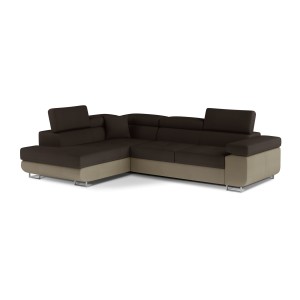 Canapé d’angle convertible MENTON beige et marron bouclette – Angle gauche avec coffre