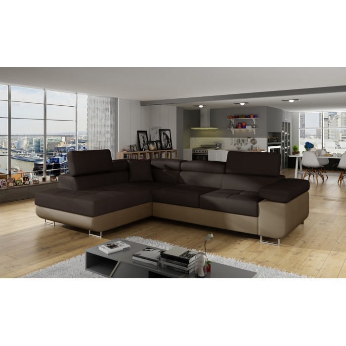 Canapé d’angle convertible MENTON beige et marron bouclette – Angle gauche avec coffre