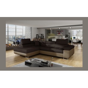 Canapé d’angle convertible MENTON beige et marron bouclette – Angle gauche avec coffre
