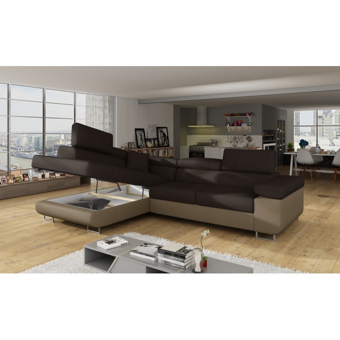 Canapé d’angle convertible MENTON beige et marron bouclette – Angle gauche avec coffre