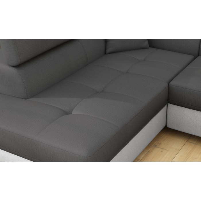 Canapé d’angle convertible MENTON gris et blanc bouclette – Angle gauche avec coffre