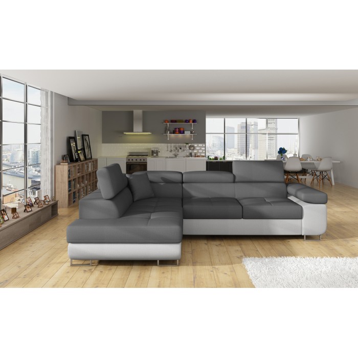 Canapé d’angle convertible MENTON gris et blanc bouclette – Angle gauche avec coffre