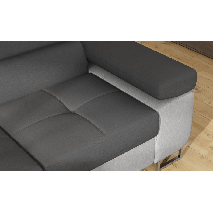 Canapé d’angle convertible MENTON gris et blanc bouclette – Angle gauche avec coffre