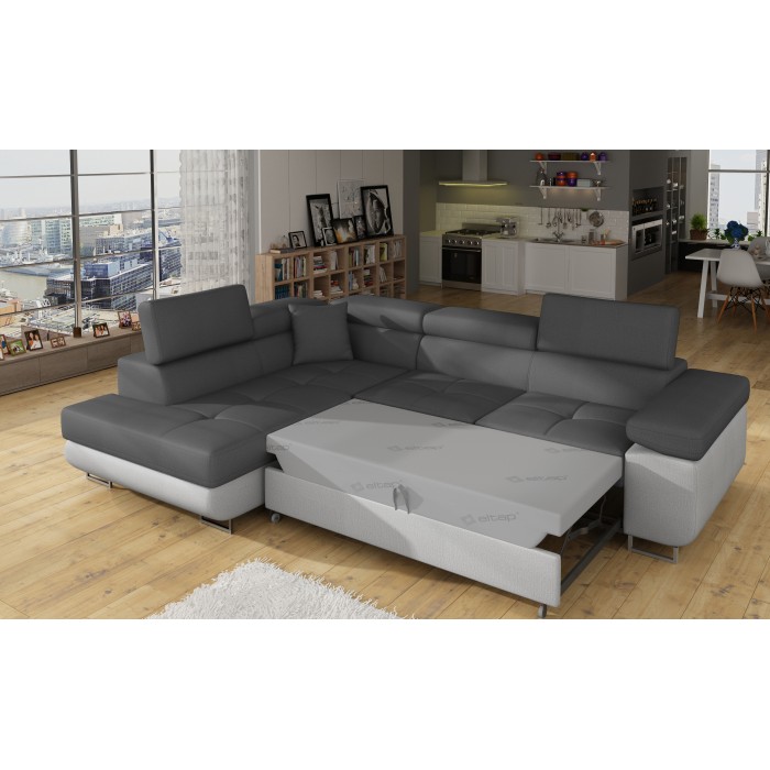 Canapé d’angle convertible MENTON gris et blanc bouclette – Angle gauche avec coffre