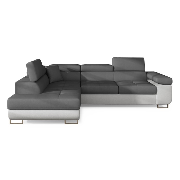 Canapé d’angle convertible MENTON gris et blanc bouclette – Angle gauche avec coffre