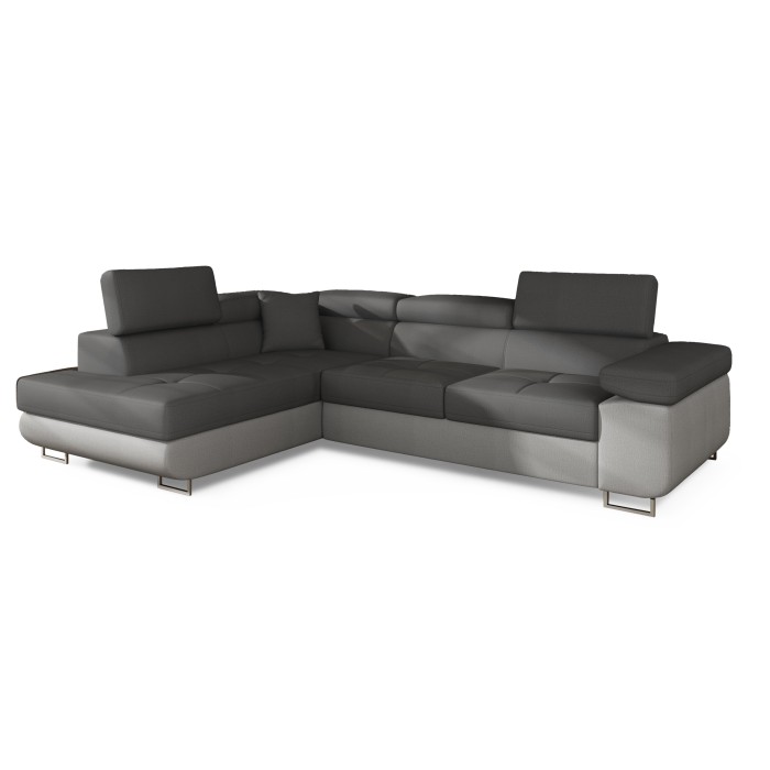 Canapé d’angle convertible MENTON gris et blanc bouclette – Angle gauche avec coffre