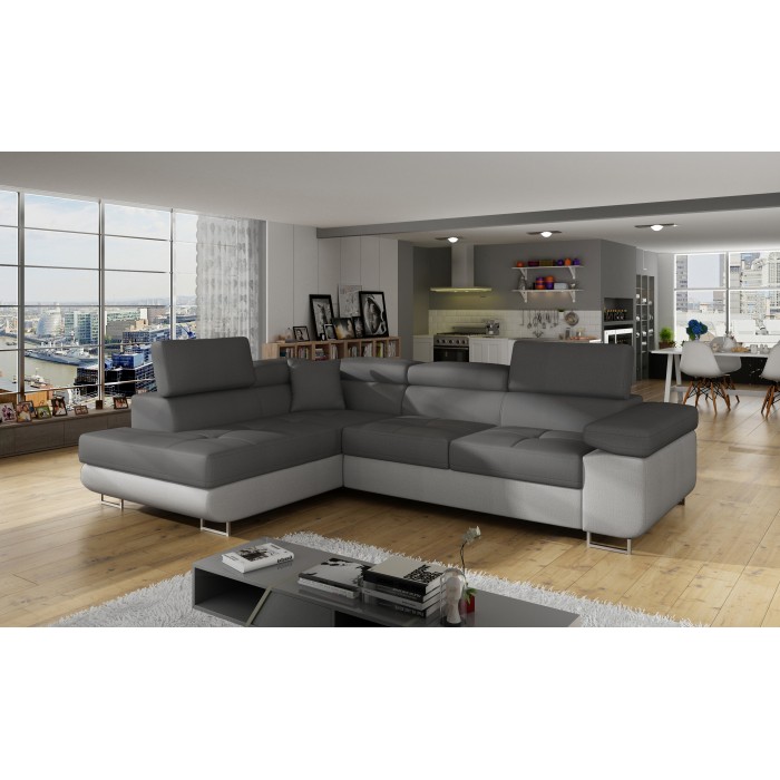 Canapé d’angle convertible MENTON gris et blanc bouclette – Angle gauche avec coffre