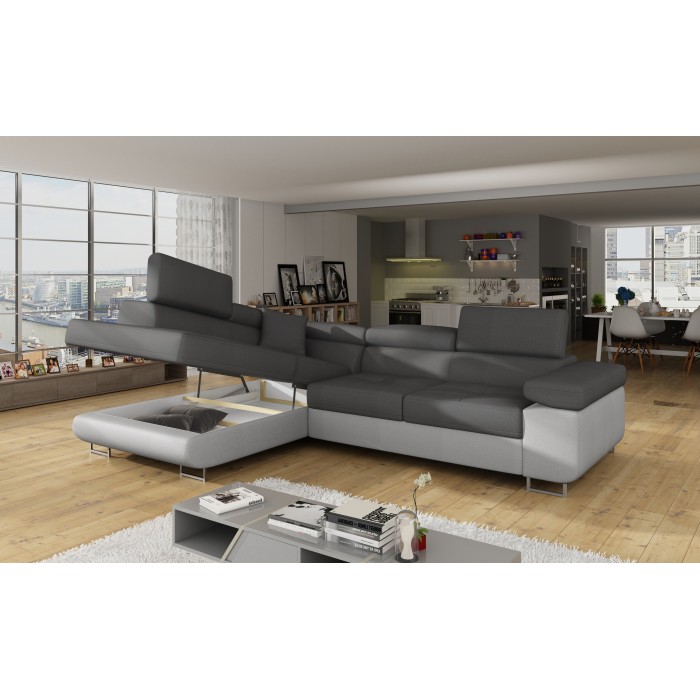 Canapé d’angle convertible MENTON gris et blanc bouclette – Angle gauche avec coffre