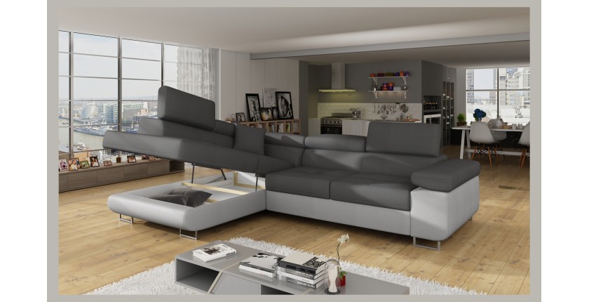 Canapé d’angle convertible MENTON gris et blanc bouclette – Angle gauche avec coffre