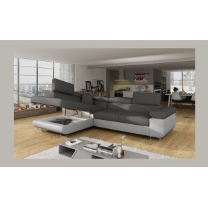 Canapé d’angle convertible MENTON gris et blanc bouclette – Angle gauche avec coffre