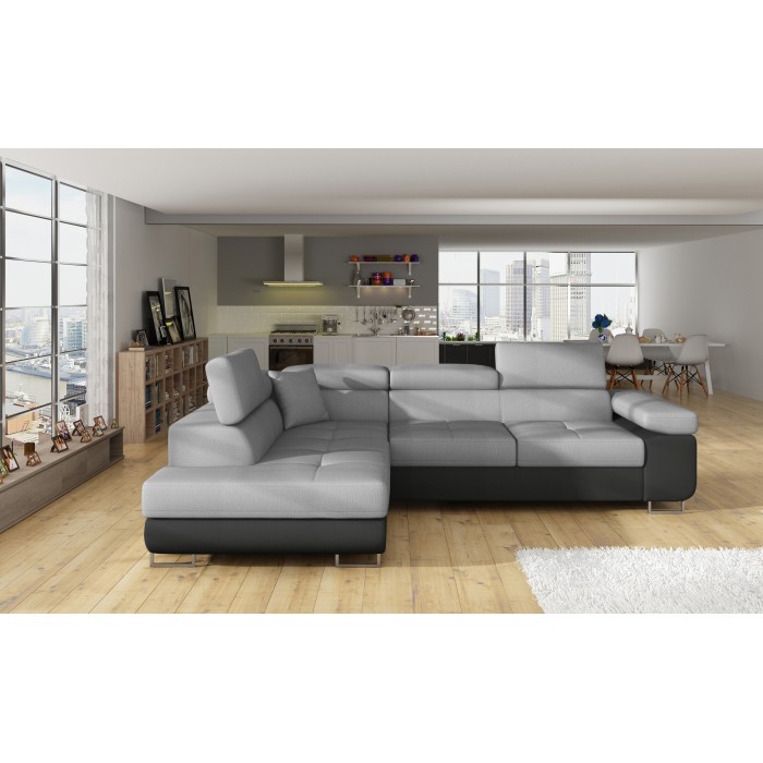 Canapé d’angle convertible MENTON gris clair et gris foncé – Angle gauche avec coffre